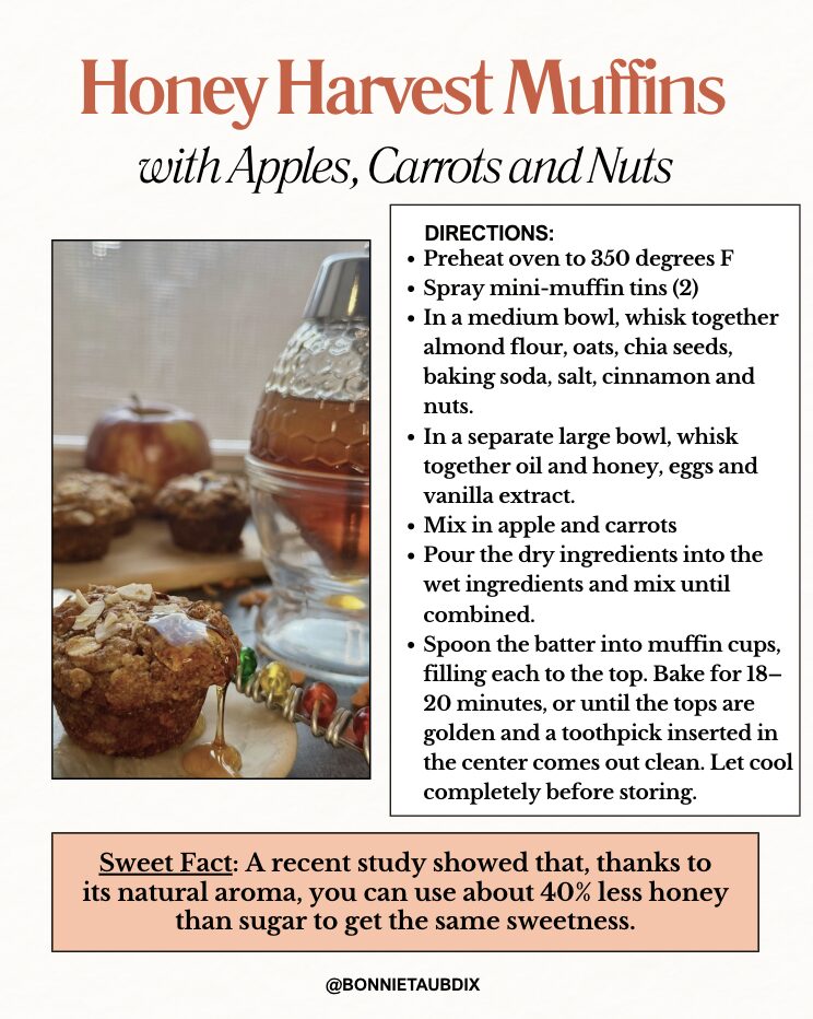 Step-by-step baking instructions for Honey-Kissed Harvest Muffins, including oven temperature, mixing steps, bake time, and cooling instructions. Simple and clear recipe directions in a clean format.